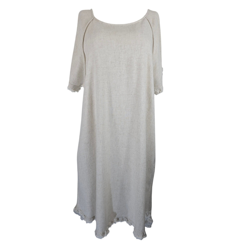 Umgee Beige High Low Fringed Hem Linen Blend Lagenlook Pockets Women's Dress L